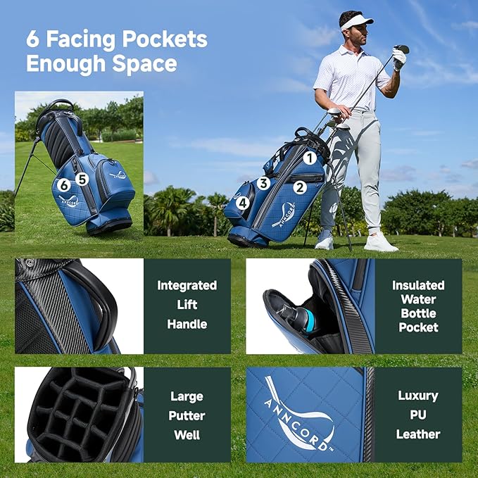 Golf Stand Bag with 14 Way Full Length Dividers, PU Leather Golf Bag for Men, Waterproof Golf Bags with Stand, 6 Pockets & Cooler Pouch, Adjustable Dual Straps, 2 Rain Cover Hood