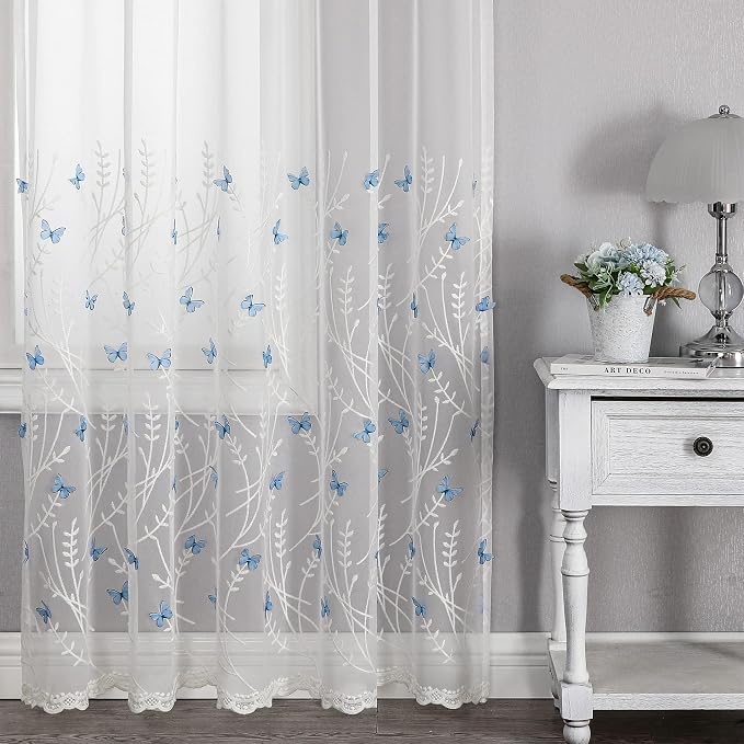 White Sheer Voile Curtains White Embossed Butterflies 63 Inches | Light - Image 6