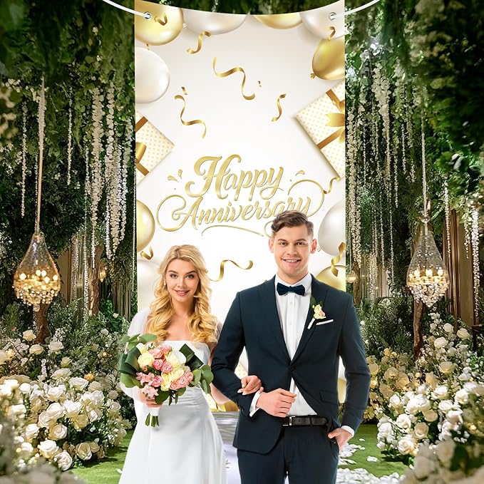 Happy Anniversary Backdrop Banner White Gold Elegant Door Cover Photography - Image 4