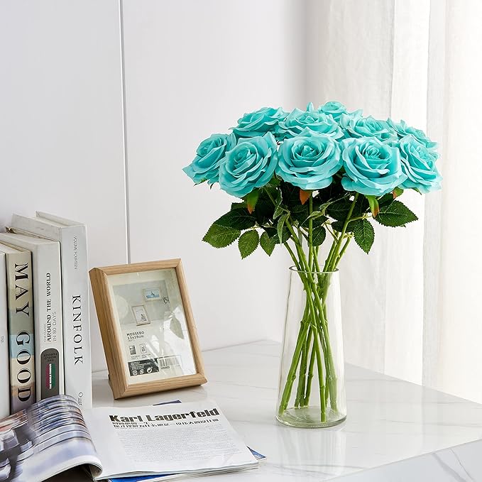 Artificial Rose 10pcs Open Flower Bouquet Faux Rose Stems for Wedding Arrangement, Bridal Bouquet, Centerpiece, Fake Faux Silk Flowers (Tiffany)