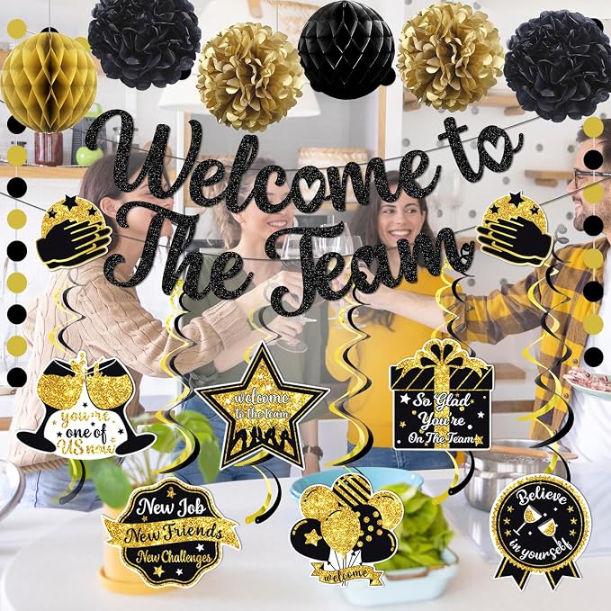 Welcome To The Team Banner Black Glitter, Welcome Banner Circle Dots Garland - Image 5