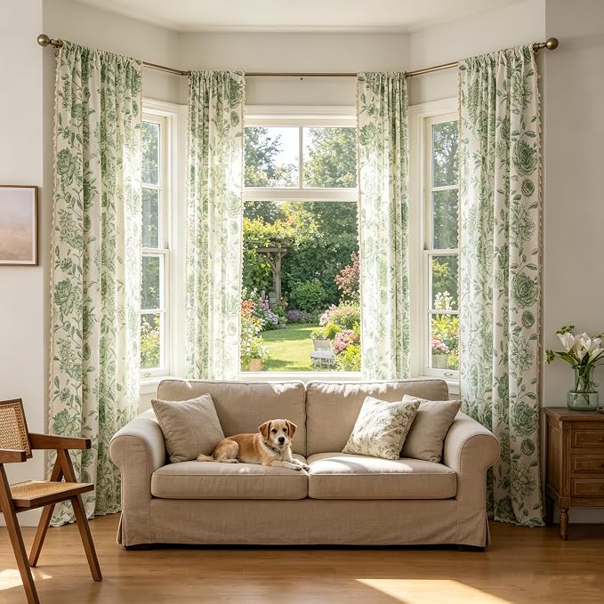 F-CHU Vintage Sage Green Floral Linen Curtains - Image 8