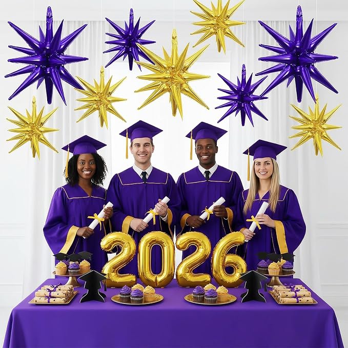9Pcs Purple and Gold Star Balloons, Large Explosion Foil Balloons, Metallic - Image 4