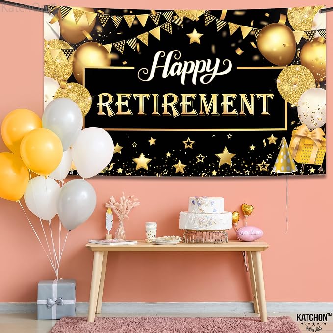 Katchon Happy Retirement Banner 72x44 Inch | Black & Gold, Wall Banner - Image 8