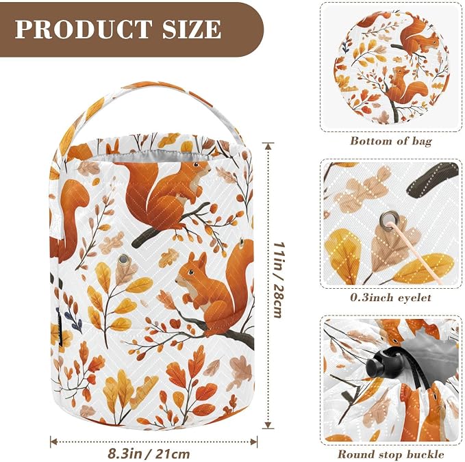 Orange Autumn Squirrels and Leaves Yarn Bag Small Crochet Bag Drawstring Yarn - Image 3