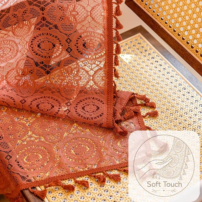YJ YANJUN Boho Lace Sheer Curtains, Burnt Orange Terracotta, 59x84 inches | 2 - Image 6