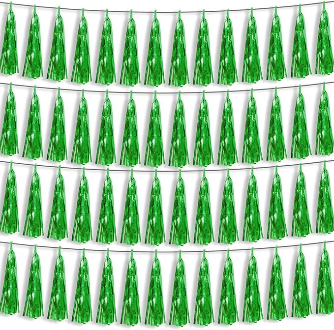 4P Green Foil Fringe Metallic Streamers Banner Tassel Garland for Parade Floats, Bachelorette, Wedding, Birthday, Halloween, Christmas, Bridal/Baby Shower Party Decorations
