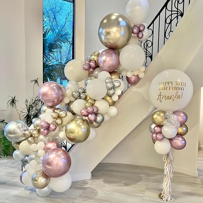 Pink White Winter Wonderland Snowflake Balloons Set, Metallic Light Pink Gold - Image 5
