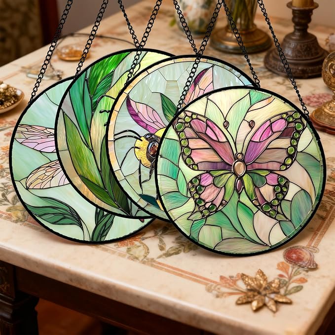 DASTOLL Stained Glass Window Hanging 4 Pcs Set Pink Green Insect Theme 9.8" - Image 2