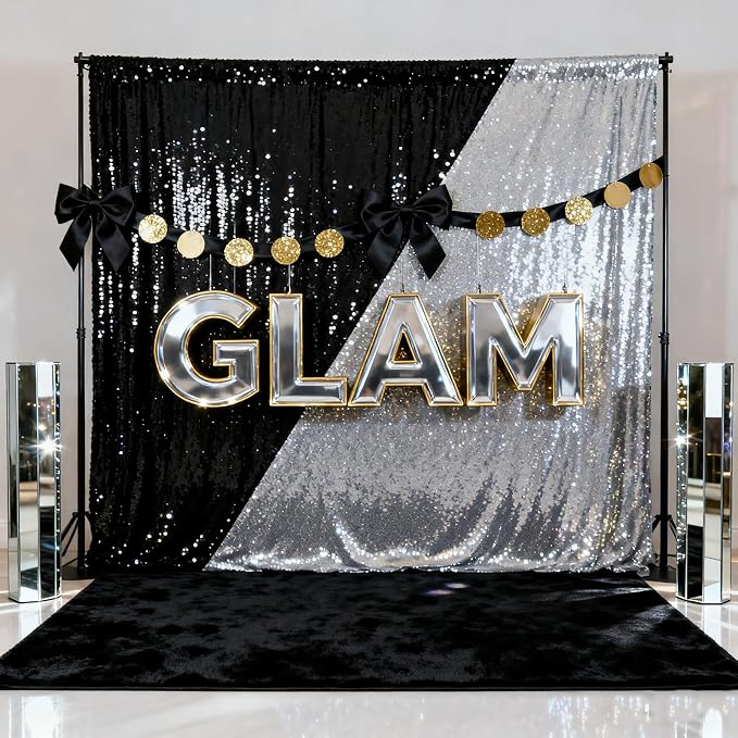 Silver Sequin Backdrop Curtains Drapes 6 Pieces 2ftx8ft Sparkly Christmas | - Image 3