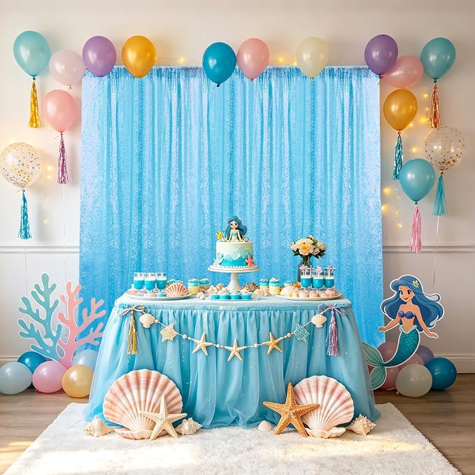 Sugargirl Mermaid Blue Sequin Backdrop Curtain 4 Panels 2FTx8FT Glitter Mermaid - Image 3