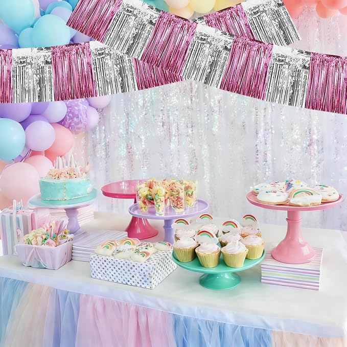 BEISHIDA Pink Silver Fringe Garland Banner 30ft Wall Tinsel Foil Streamers | - Image 6
