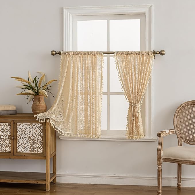 YJ YANJUN Boho Lace Curtains 36 inch Length 2 Panels, Vintage Floral Crochet - Image 3