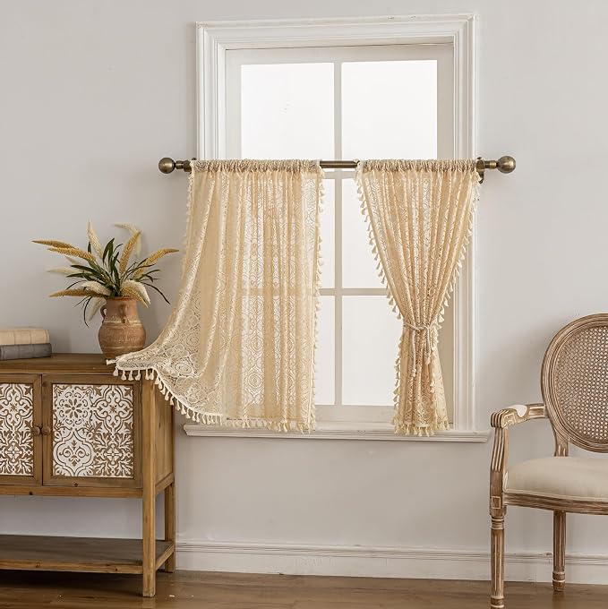YJ YANJUN Boho Lace Curtains 30 inch Length 2 Panels, Vintage Floral Crochet - Image 3