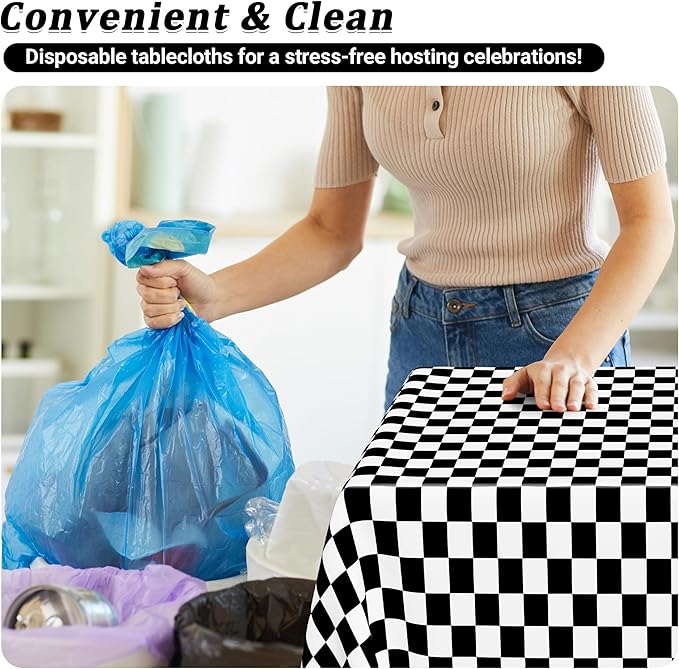 QZYL 4Pack Plastic Table Cloth Disposable, 54" x 108" Waterproof Tablecloths Rectangular, Black and White Checkered Table Cover for Picnic Birthday Party Supplies Outdoor Gathering BBQ Holiday Dinner