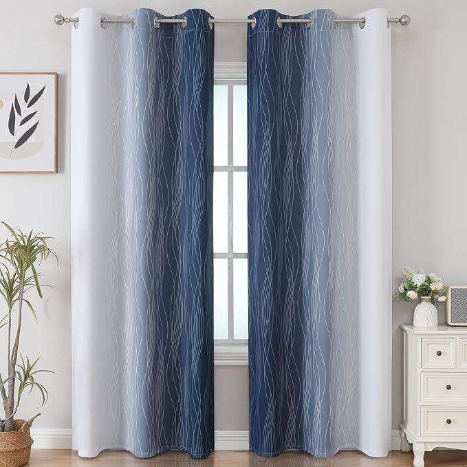 Navy Blue and Greyish White Blackout Curtains 84 Inches Long, Full Room - Image 2
