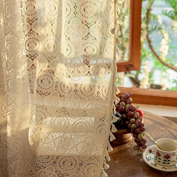 YJ YANJUN Boho Lace Curtains 84 inches Long 2 Panels-Vintage Floral Crochet - Image 3