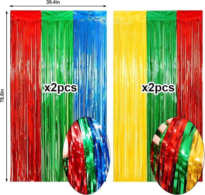 4 Packs Blue Red Green Yellow Foil Fringe Curtain, Baby Shower, Video Game - Image 6