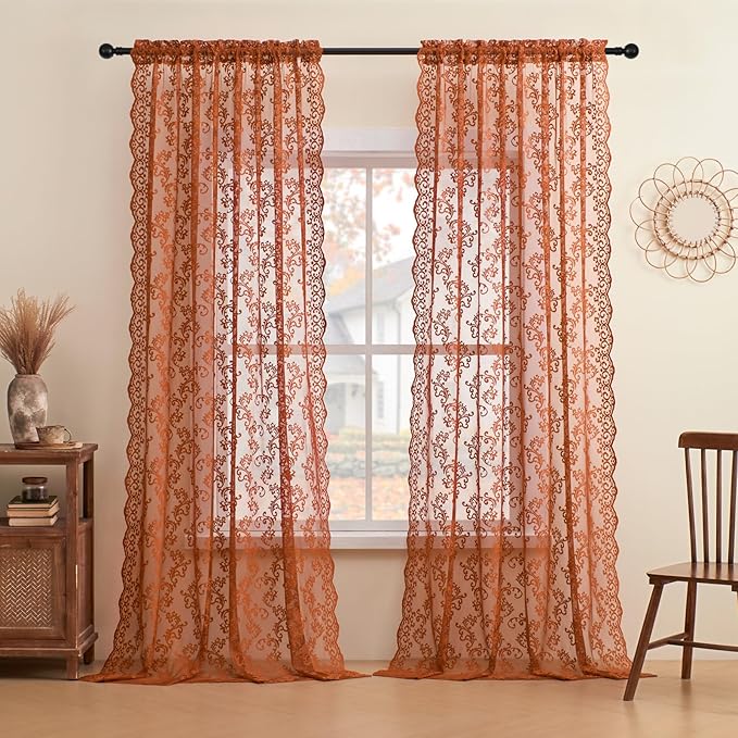 Brunt Orange Lace Curtains 63 Inch Length 2 Panels Set - Image 2