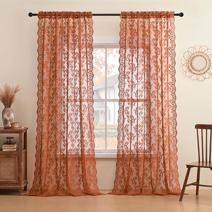 Rust Orange Lace Curtains 84 Inches Long Country Battenburg Lace Curtains - Image 2