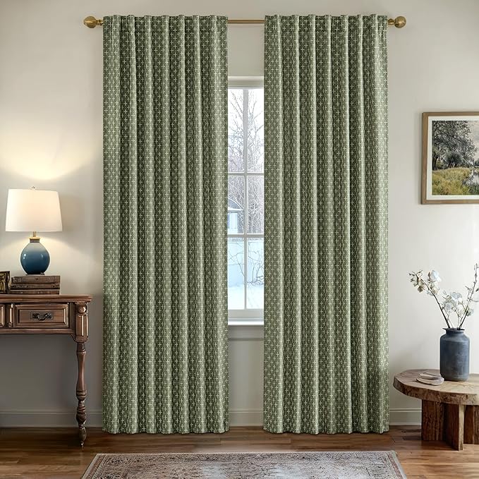 MIULEE Patterned Farmhouse Linen Curtains, Back Tab, Olive Green | Linen - Image 2