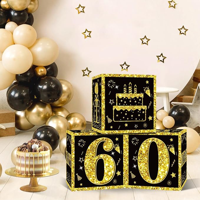 Eiurteao 3pcs Black Gold 60th Birthday Decorations Boxes - Image 2