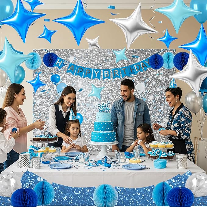 TONIFUL 30 Pcs Four Pointed Star Balloon 26In&10In Silver Blue Foil Balloon | - Image 3
