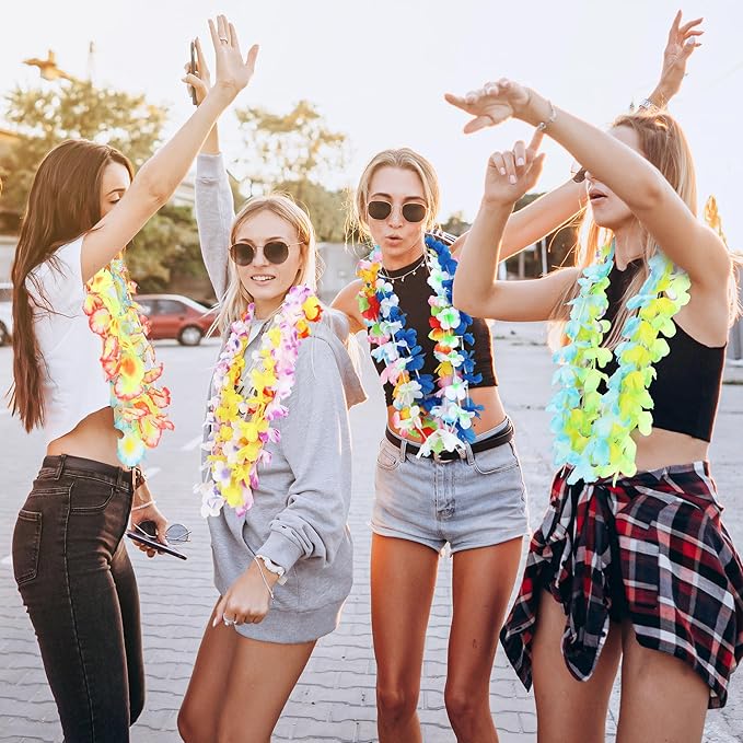 100PCS Hawaiian Leis, Colorful Luau Leis Party Decorations, Hawaiian Tropical Theme Silk Flower Leis, Hawaii Flower Lays Garland for Birthday Summer Pool Party Favors Supplies Accessories