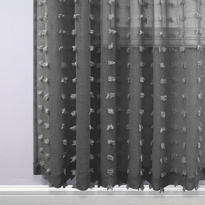 KOUFALL Dark Grey Curtains for Bedroom Living Room, Pom Pom Textured Sheer - Image 6