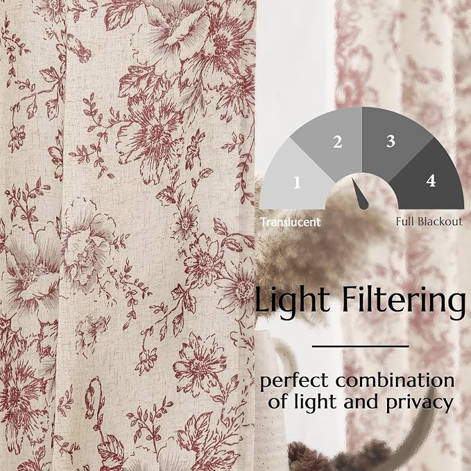 jinchan Red Floral Linen Curtains Lined 63 Inch Farmhouse Back Tab 2 Panels | - Image 4