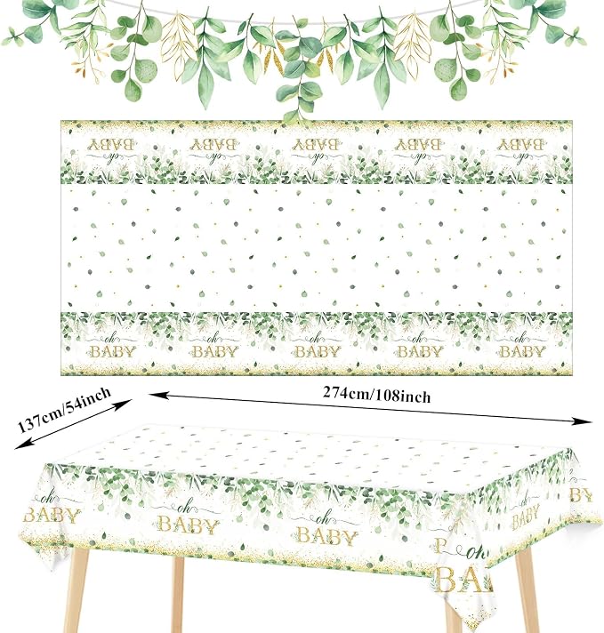Greenery Baby Shower Banner Eucalyptus Leaves Oh Baby Tablecloth - Image 3