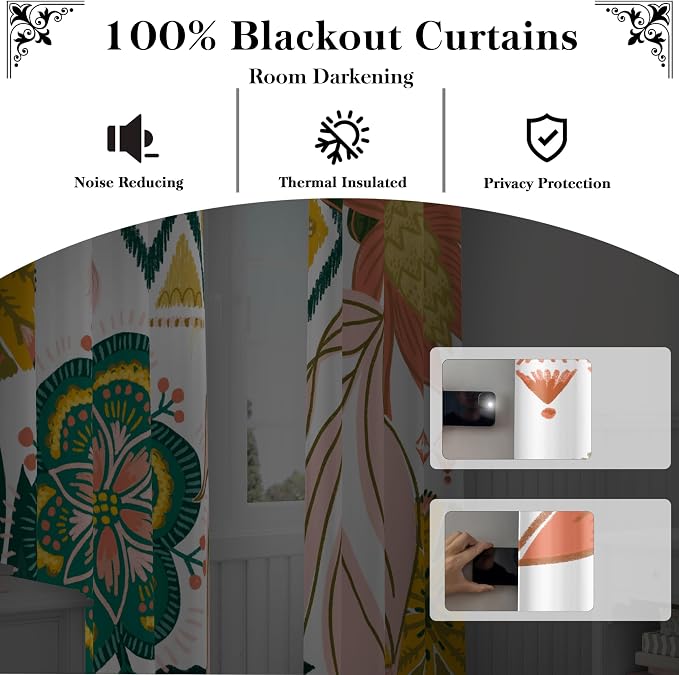 Tyrot 100% Blackout Boho Floral Curtains 108 Inches Extra Long - Image 2