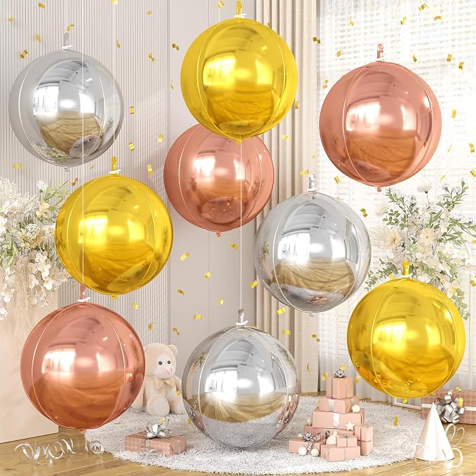 Silver Gold Rose Gold Round Foil Balloons 9 pcs, Metallic Giant 4D Round by Cledeco