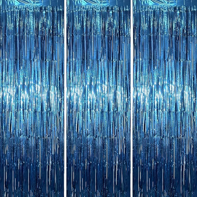 Voircoloria Retro Blue Foil Fringe Backdrop Curtains, Birthday Party Decorations by Voircoloria