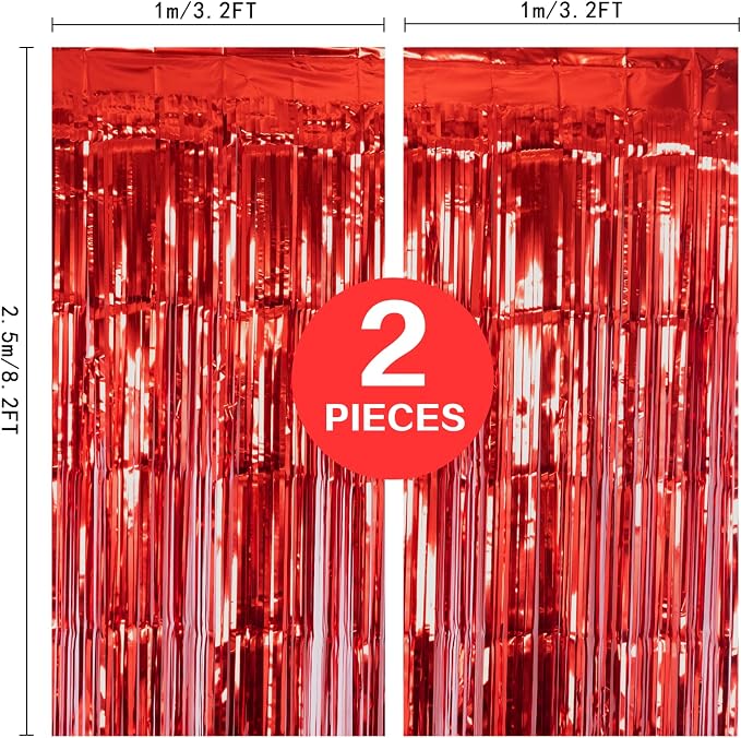 2 Pack Red Metallic Tinsel Foil Fringe Curtain, 3.2Ft x 8.2Ft Tinsel Curtain - Image 3