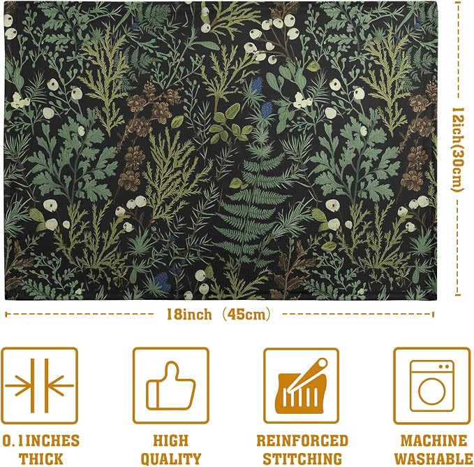 Black Sage Green Leaves Placemats Set of 4 Vintage Botanical Fern Leaf Floral - Image 4