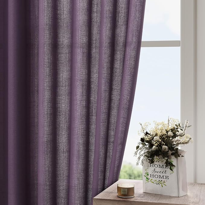 Plum Linen Curtains 102 Inches Long Rod Pocket Back Tab Drapes 2 Panels Set - Image 4