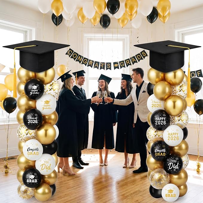 Thenshop 2 Sets Graduation Balloon Column Stand Kit 2026- Black Gold Balloon - Image 2