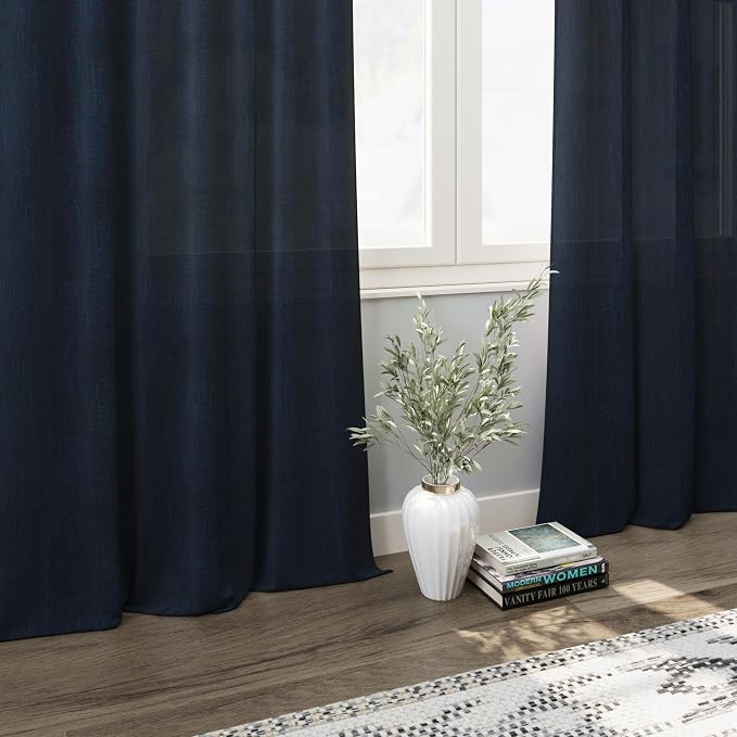 Navy Blue Linen Sheer Curtains 108 Inches Long Back Tab Rod Pocket 2 Panels - Image 6