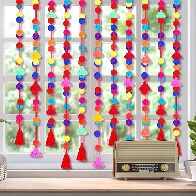 VitalCozy 12 Pcs Mexican Pom Pom Garland Colorful 59 Feet Fiesta Alter Yarn - Image 5