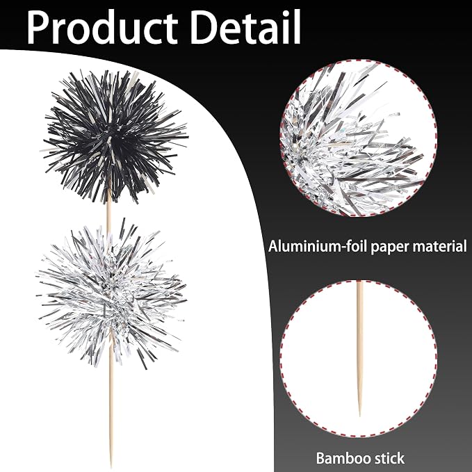 40 PCS Foil Firework Cupcake Toppers Sparkle Tinsel Cupcakae Picks Foil - Image 3