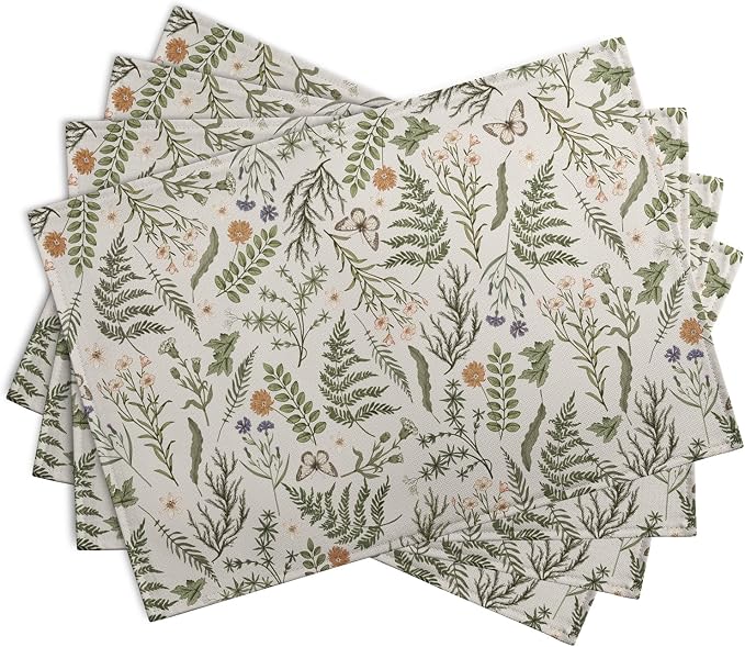 Sage Green Wild Flower Spring Summer Placemats Set of 4 Seasonal Wildflower - Image 2