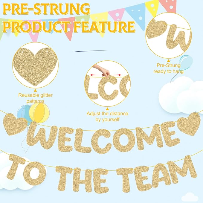 BLMHTWO Pre-Strung Welcome to The Team Banner, Champagne Gold Glitter Office - Image 3