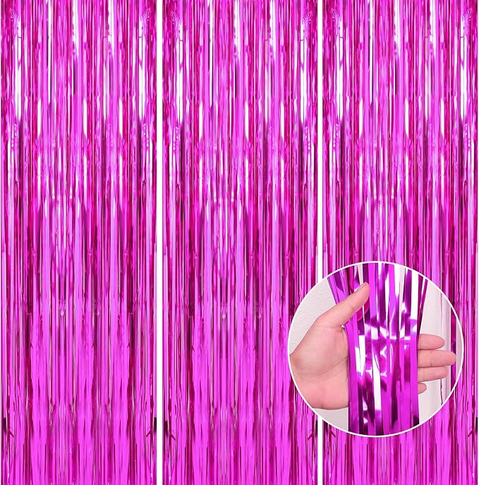 3 Pack 3.3 x 9.9 ft Hot Pink Fringe Backdrop Streamers Party Decorations | Foil by Crosize