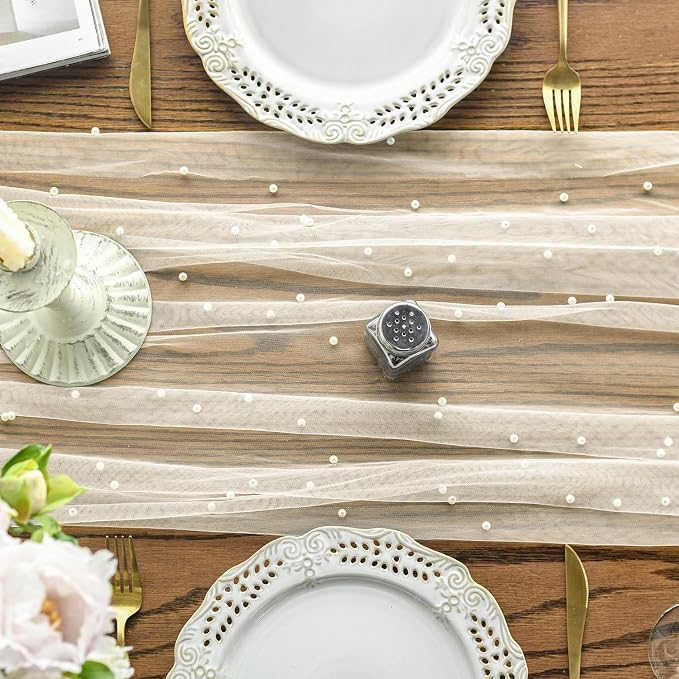 Artoid Mode 6PCS Pearl Beige Gauze Table Runner 120 Inch 10FT, Seasonal Sheer - Image 2