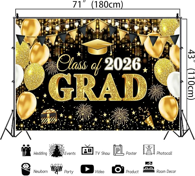 2026 Graduation Decorations Banner Black Gold Class of 2026 Grad Banner - Image 7