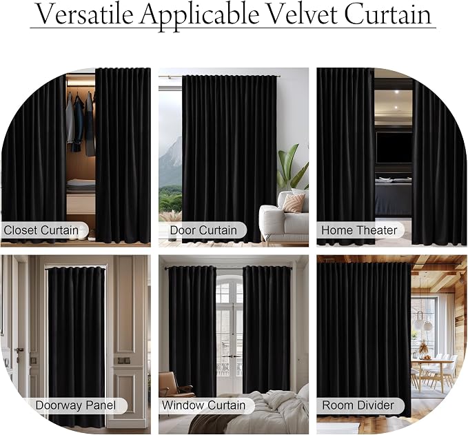 Black Velvet Curtain for Sliding Door Covering Back Tab Blackout Thermal - Image 6