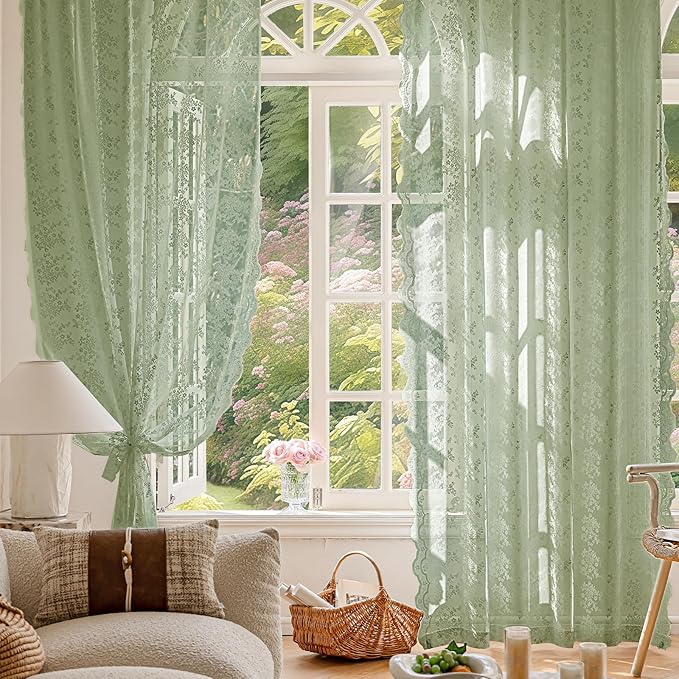 Anmao Vintage Sage Green Lace Curtains 102 Inches Long 2 Panels, Romantic Light - Image 5