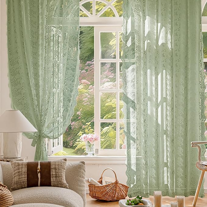 Anmao Vintage Sage Green Lace Curtains 96 Inches Long 2 Panels Sets, Romantic - Image 4