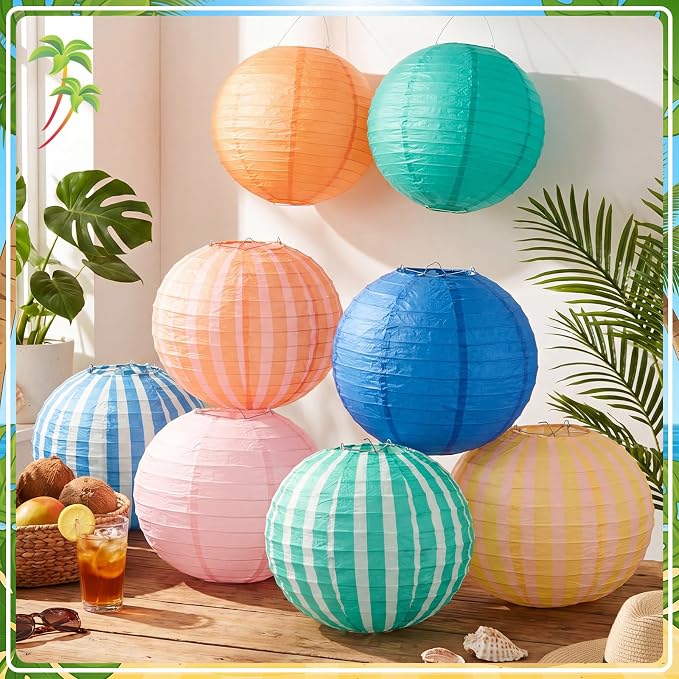 Gerrii 12 Pcs Summer Paper Lanterns Decor 8" Colorful Striped Paper Lanterns - Image 6
